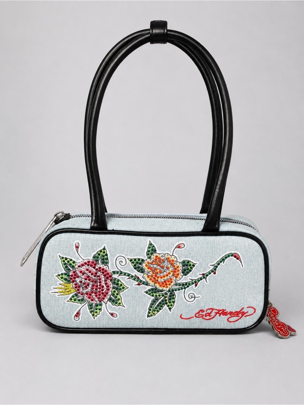 Ed Hardy Denim Blue Floral Rhinestone Embroidered Satchel Zip Pockets Charm